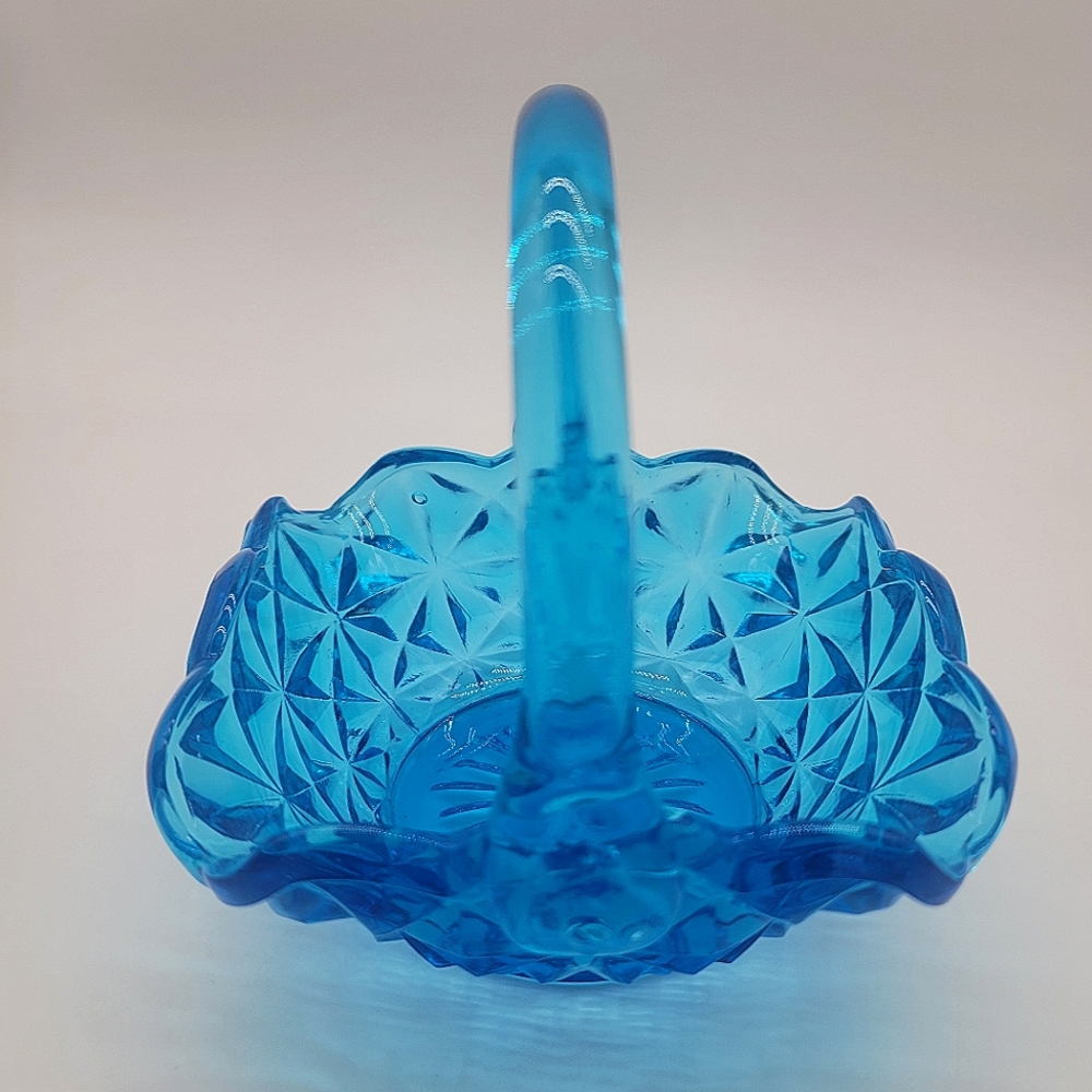 Vintage Indiana Glass Monticello Aqua Blue Bride Basket with Handle